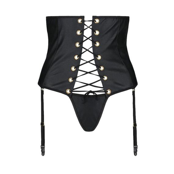 Пояс-корсет з екошкіри Passion Celine Set with Open Bra 6XL/7XL black, шнурівка, пажі, стрінги | Зображення 2