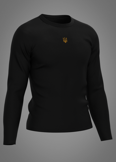 Утеплений лонгслів з вишитим золотим тризубом/гербом з довгим рукавом (чорний)