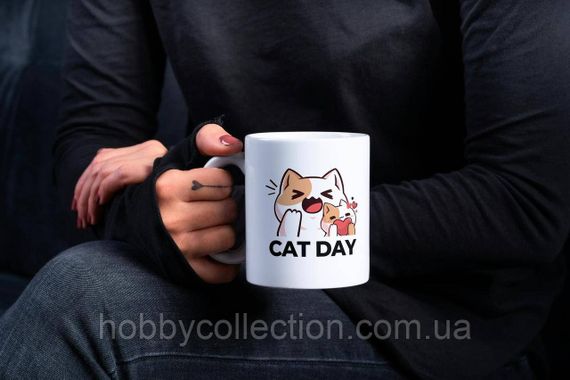 Кружка з принтом "Cat Day" 330 мл Біла | Зображення 1