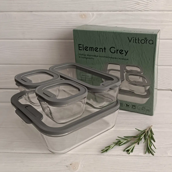 Набір скляних харчових контейнерів Vittora VT-161014 Element Grey 4 шт 1940мл,560мл,230мл - 2шт для зберігання продуктів Сірий | Зображення 2