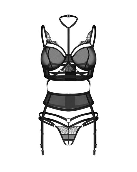 Комплект Obsessive Premisis Black 3-pcs crotchless set S/M, Черный, L/XL | Зображення 1