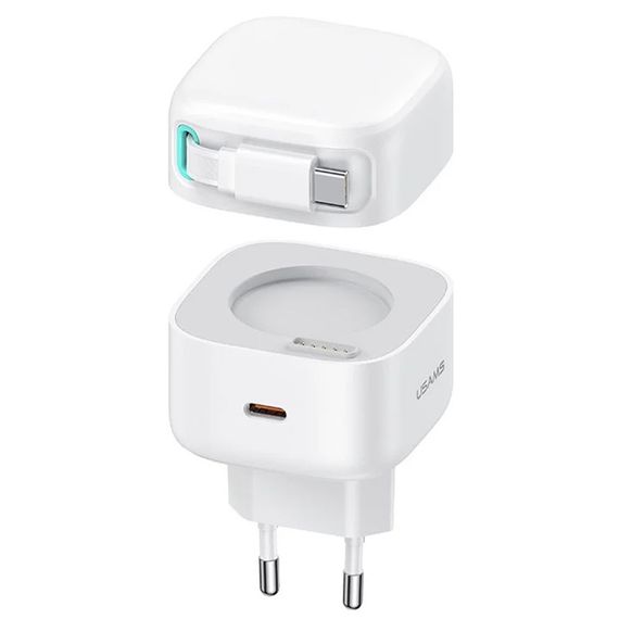 СЗУ Usams US-CC202 GaN With Type-C Magnetic Retractable Cable Module XMF Ser. 35W (2USB-C) White