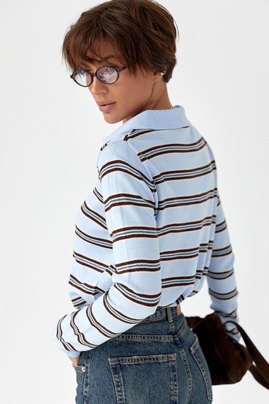 Жіночий светр-поло в смужку - блакитний цвет, ONE SIZE (є розміри) | Зображення 1