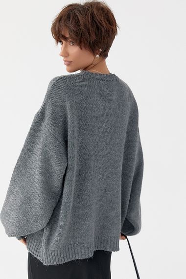 В'язана однотонна кофта з рукавами-ліхткриками - сірий цвет, ONE SIZE (є розміри) | Зображення 1