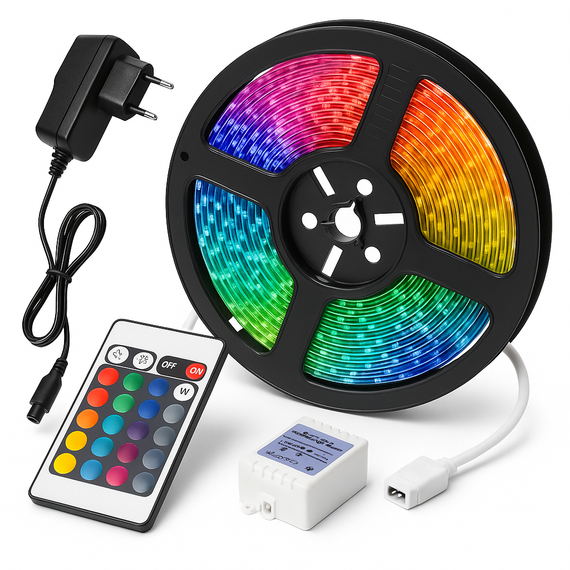 Світлодіодна стрічка SMD 3528 RGB 5м з пультом та блоком живлення гірлянда ET-60