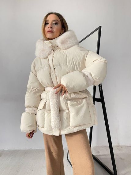 Пуховик с опушкой и капюшоном Cresh Puffer, молочный XL | Зображення 4
