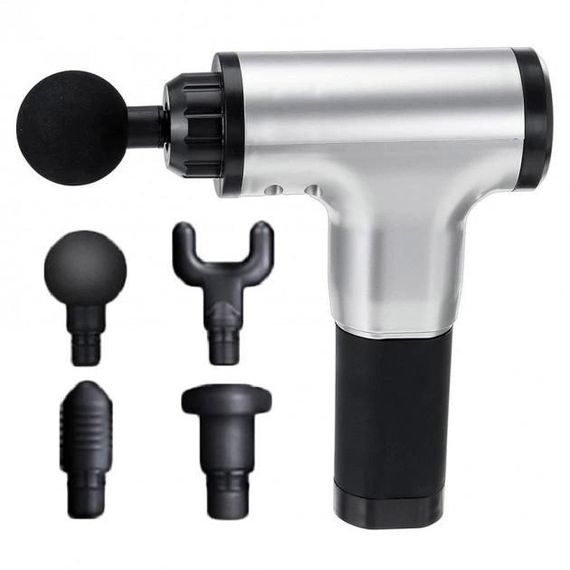 Акумуляторний масажер Fascial Gun KH-320 портативний ручний ударний м'язовий пістолет 4 насадки сірий | Зображення 1