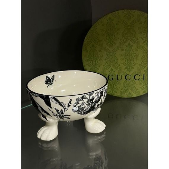 Брендовая керамическая миска для животных собак и котов GUCCI с цветам на лапках, синяя