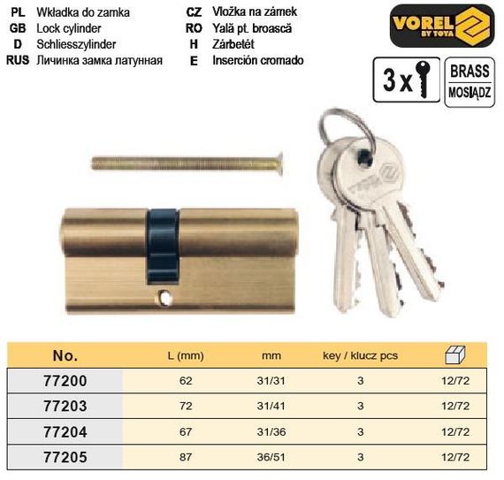 Сердцевина замка Польша латунь l=62 мм 31/31 мм 3 ключа VOREL-77200