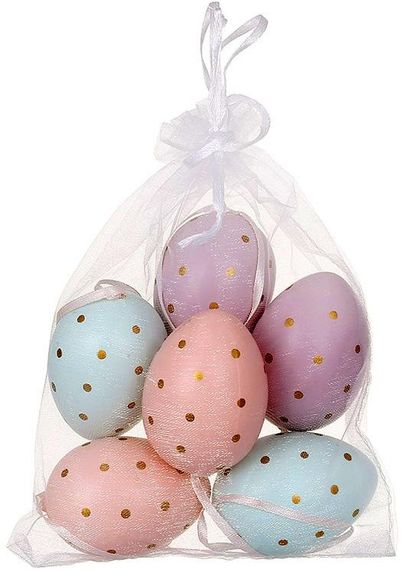 Великодній декор "Яйця в мішечку", 6 яєць-підвісок 4х6см у сітці, кольорові із золотим