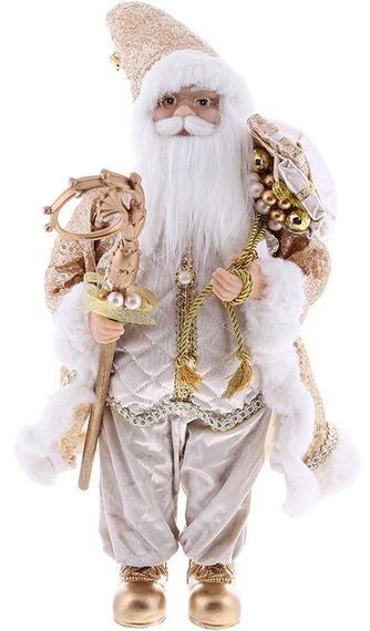 Інтерєрна новорічна фігурка Santa з подарунками та палицею 45см шампань з паєтками