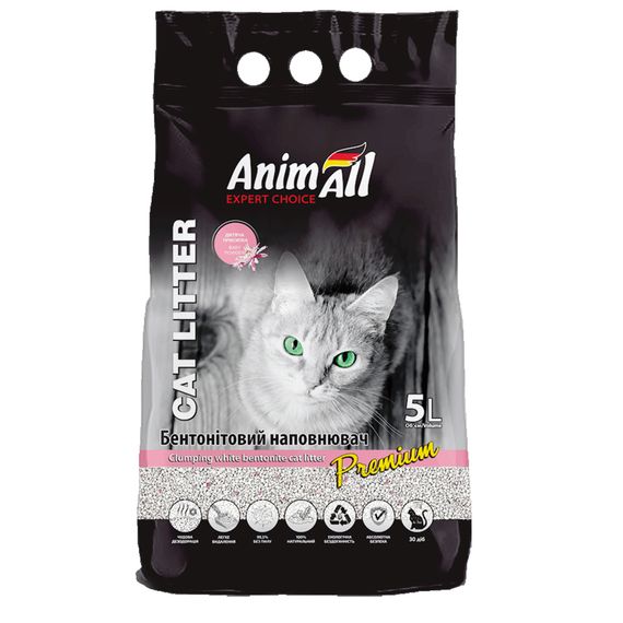 Бентонитовый наполнитель AnimAll Premium Baby Powder с ароматом детской пудры для кошек, 5 л
