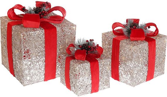 Набір декоративних подарунків - 3 коробки 15см, 20см, 25см з LED-підсвіткою, шампань з червоним бантом КОПІЯ