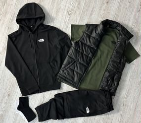 Комплект 5 в 1 TNF чорна кофта на змійці + чорні штані + чорна жилетка + хакі футболка + 2 пари шкарпеток (чорні та білі)