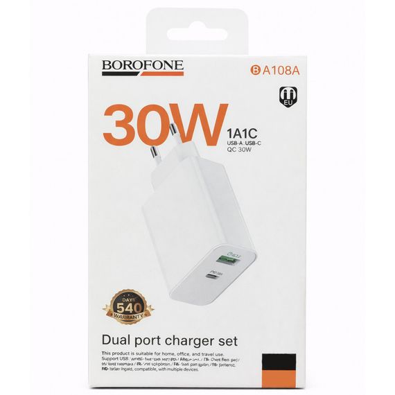 МЗП Borofone BA108A Stellar PD30W+QC3.0 (1USB-A/1C) White | Зображення 1