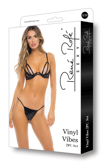 Комплект білизни Rene Rofe Vinyl Vibes, вініл з мереживом, чорний, S/M | Зображення 2