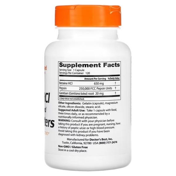 Бетаїну гідрохлорид Doctor's Best Betaine HCL, Pepsin and Gentian Bitters 120 Caps | Зображення 1