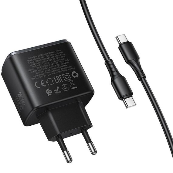 СЗУ Hoco C158A Upgrade PD45W (1USB-A/1C) + кабель Type-C to Type-C Black | Зображення 5
