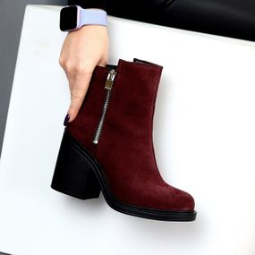 Люксовые бордовые ботильоны натуральная замша на среднем каблуке 37