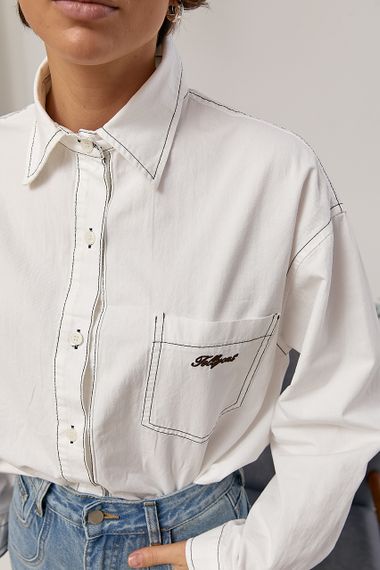 Котонова сорочка з накладною кишенею із написом - білий цвет, ONE SIZE (є розміри) | Зображення 3