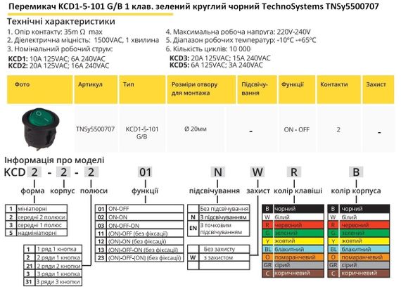 Переключатель KCD1-5-101 G/B 1 клавиша зеленая круглая Ny95500707 | Зображення 1