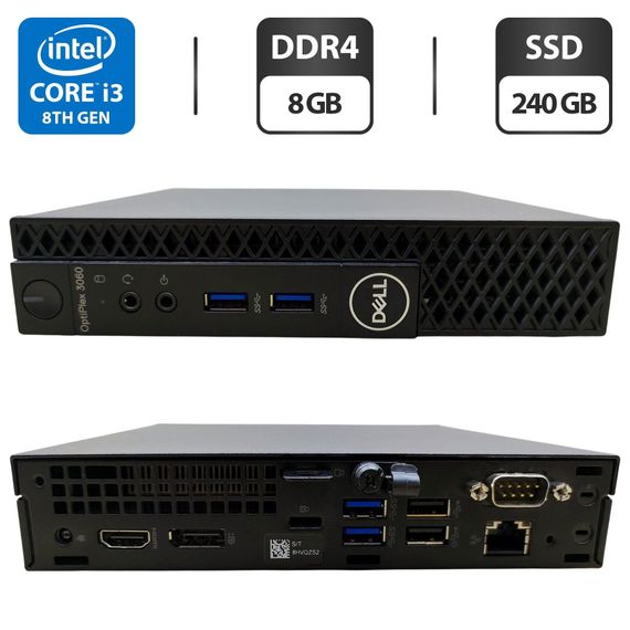 Неттоп Dell OptiPlex 3060 Micro USFF / Intel Core i3-8100T (4 ядра по 3.1 GHz) / 8 GB DDR4 / 240 GB SSD / Intel UHD Graphics 630 / Блок питания б/у