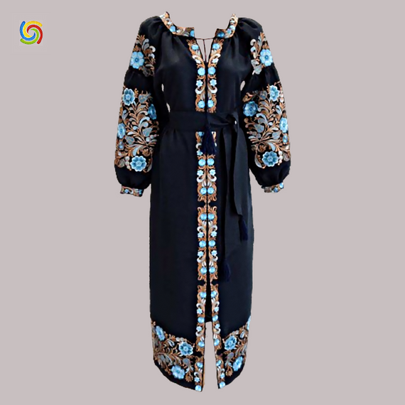 Платье Украинская вышиванка  32102 цвет тёмно-синий размер M