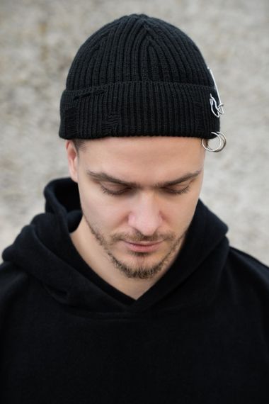 Утеплена трикотажна шапка Біні Докер на флісі Without Gvido Destroyed Black | Зображення 1