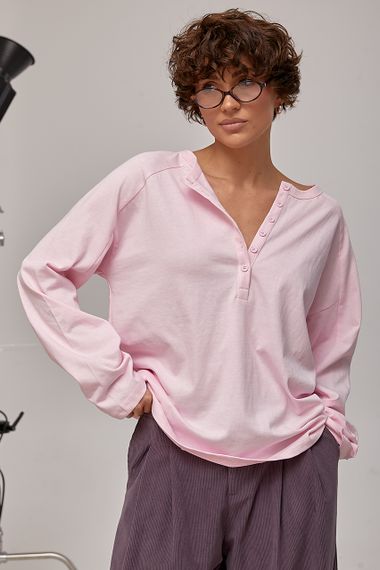 Вільний лонгслів із ґудзиками на горловині - рожевий цвет, ONE SIZE (є розміри) | Зображення 4