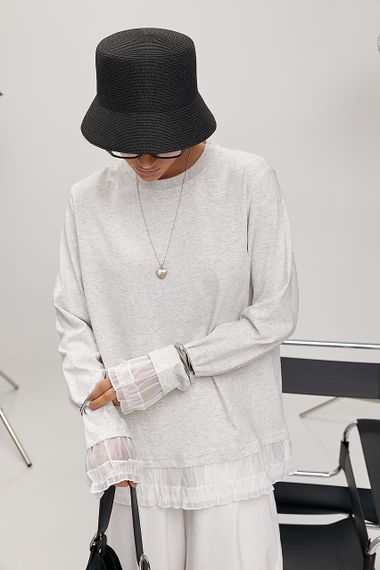 Вільний лонгслів з рюшами - світло-сірий цвет, ONE SIZE (є розміри) | Зображення 3