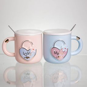 Набор парных фарфоровых чашек с сердцем 2 (шт) по 400 (мл) чашки на подарок с крышкой и ложкой Розовый с голубым FM-32