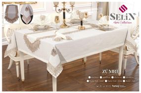 Льняна скатертина з ранером Selin Zumre Set 160×350+12 серветок кремова