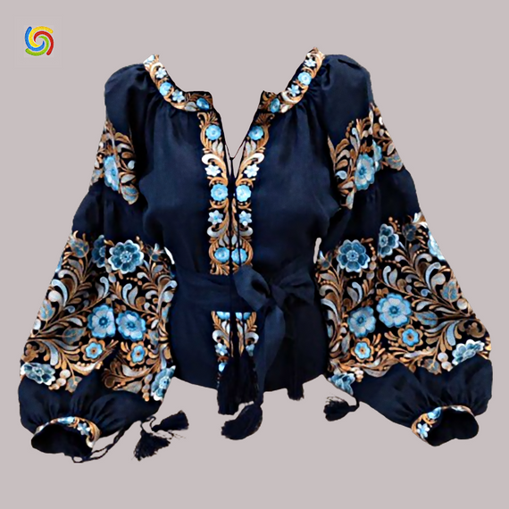 Рубашка Украинская вышиванка  32114 цвет тёмно-синий размер XL