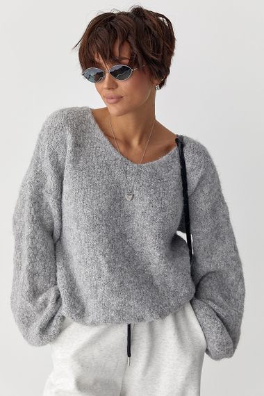Мохерова кофта з V-подібним вирізом - світло-сірий цвет, ONE SIZE (є розміри)