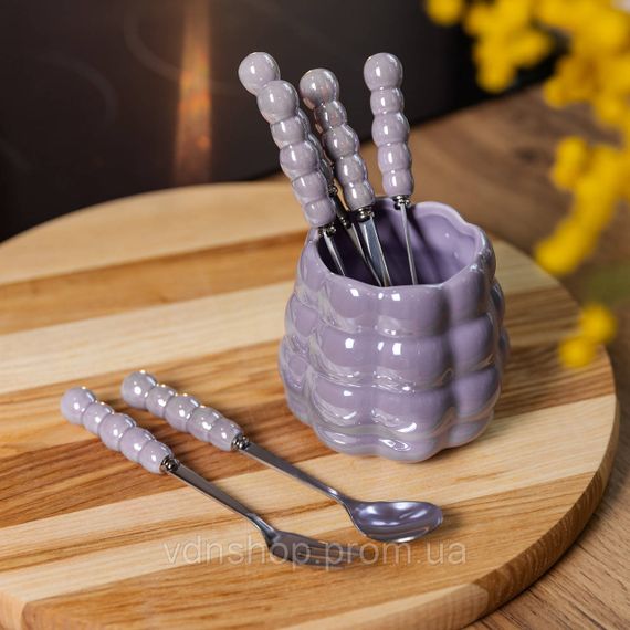 Набор десертных вилок и ложек на 3 персоны с подставкой из фарфора 7 предметов Фиолетовый HP-20-59 | Зображення 4