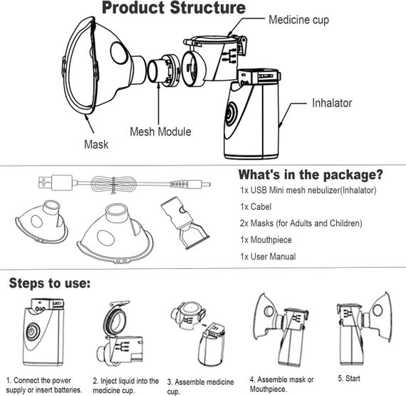 Небулайзер ультразвуковий портативний, аерозольний інгалятор для дітей та дорослих з масками та мундштуком для дому помаранчевий | Зображення 7