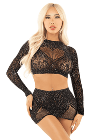 Комплект Leg Avenue Rhinestone Crop Top and Mini Skirt Чорний One Size