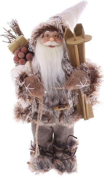 Інтерєрна новорічна фігурка Santa з подарунками та лижами 30см бежевий з коричневим