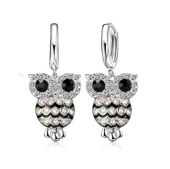 Сережки-підвіски Liresmina Jewelry срібляста сова з фіанітами та чорними очима, 3.3 см | Зображення 1
