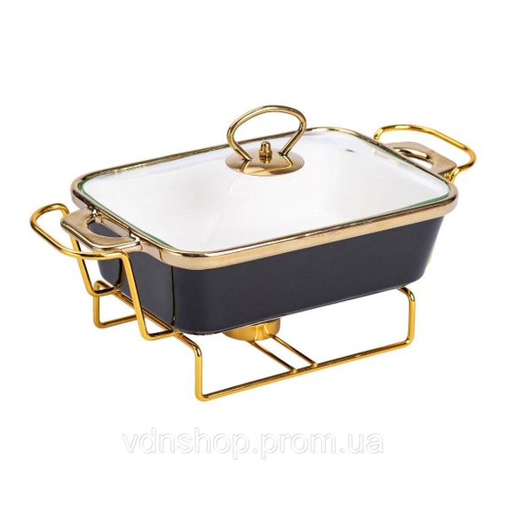 Мармит фарфоровый со стеклянной крышкой 31х16х15.5 см на металлической подставке 1 л Черный HTJ-1001 | Зображення 1