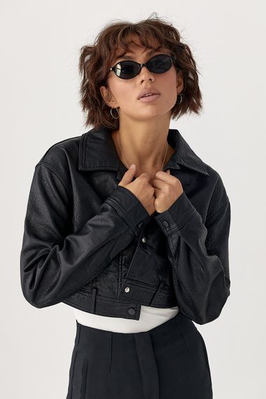 Коротка куртка зі шкірозамінника - чорний цвет, XL (є розміри) | Зображення 4