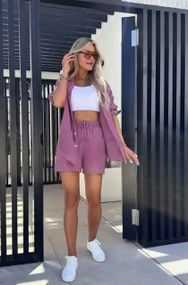 Женский летний костюм двойка шорты и рубашка LY25028 цвет фрезовый, размер 46/48