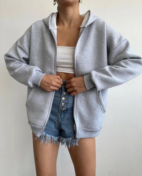 Женский теплый худи на флисе оверсайз BF1129 размер 42/46, цвет серый