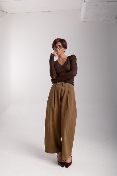 Напівпрозорий лонгслів з мереживними вставками - темно-коричневий цвет, S (є розміри) | Зображення 2