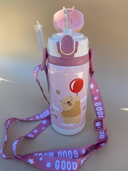 Термос дитячий для напоїв з трубочкою 450мл Рожевий + щіточка в подарунок | Зображення 1