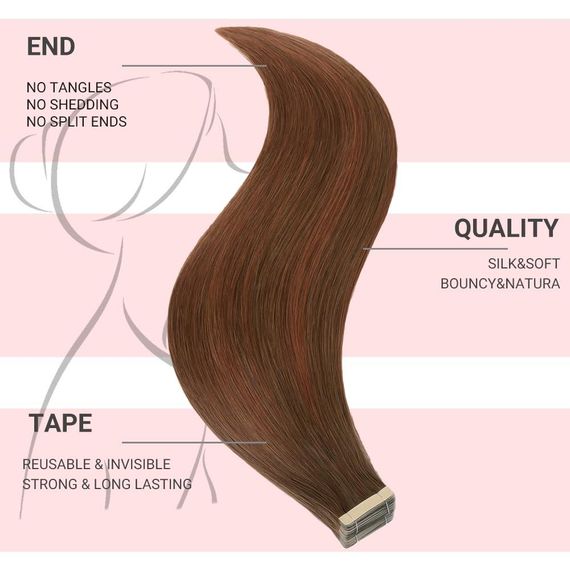Накладные пряди на клейкой основе натуральные волосы 50 см ленточное наращивание шоколадные с рыжим оттенком | Зображення 1