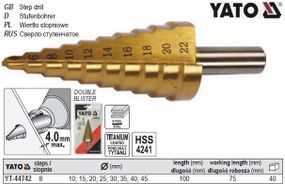 Свердло конічне ступінчасте титанове по металу YATO : HSS 4241, Ø=10-45 мм, L=100/75 мм YT-44742
