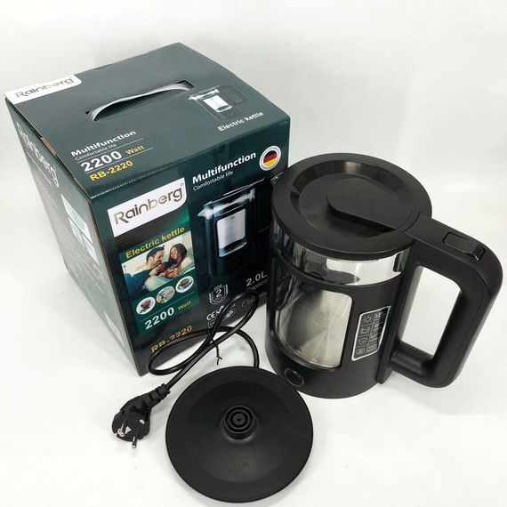 Електрочайник Rainberg RB-2220 скляний дисковий прозорий. Чайник із підсвічуванням 2200W. Колір: чорний | Зображення 4