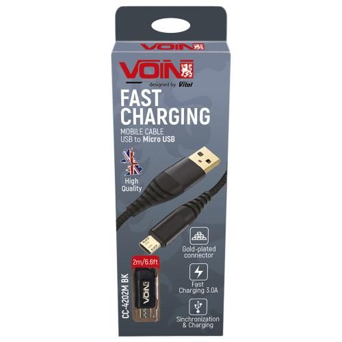Кабель VOIN CC-4202M BK USB - Micro USB 3А, 2m, black (швидка зарядка/передача даних) | Зображення 1
