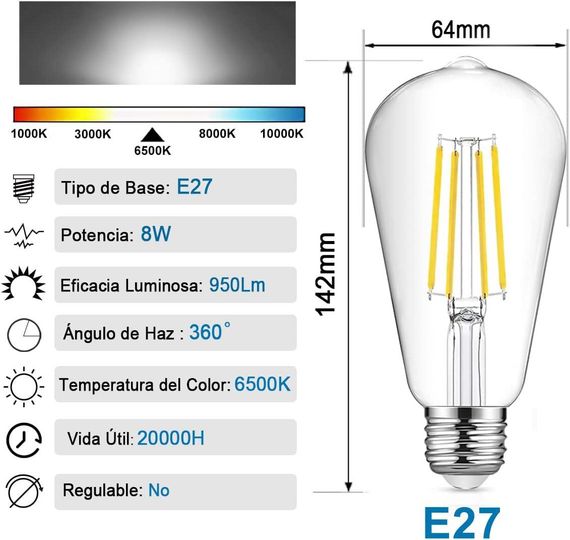 Світлодіодна лампа розжарювання EXTRASTAR ST64 E27, холодне світло 6500 K, 8 Вт, вінтажна лампа в стилі ретро 95 | Зображення 2